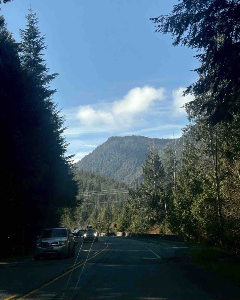 Scenic mountain highway drive through Vancouver Island on the way to Tofino BC in the spring