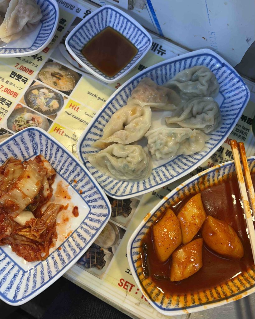 Kimchi dumplings and tteokbokk at the Gwangjang Market in Seoul South Korea