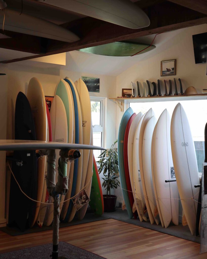 Row of surfboards at Long Beach Surf Shop in Tofino British Columbia