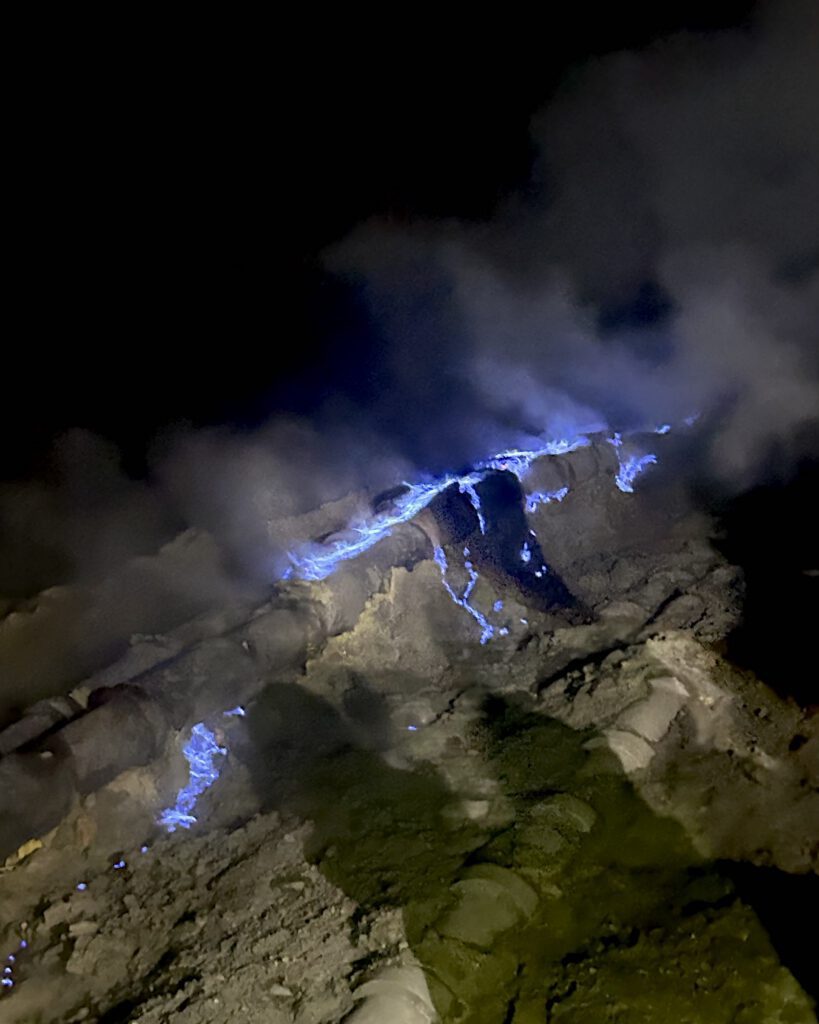 Blue fire phenomenon at the bottom of Mount Ijen crater East Java Indonesia