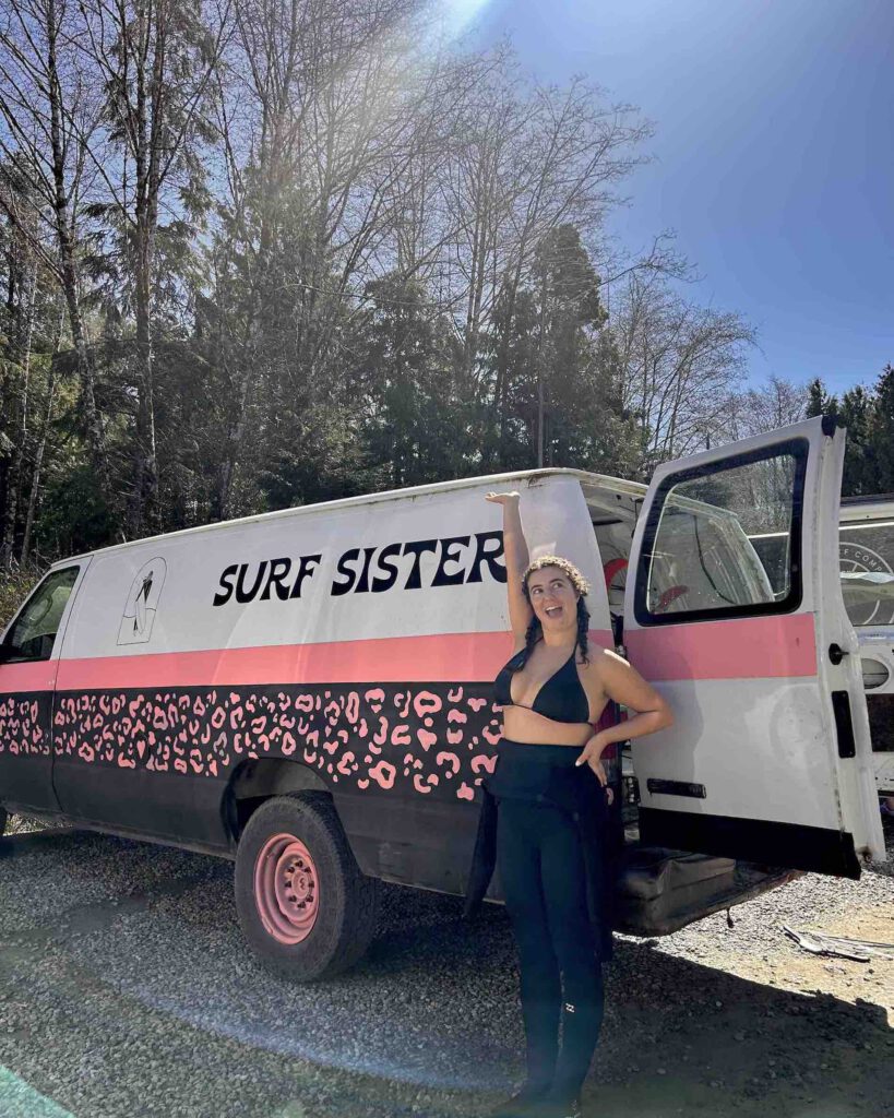Surf Sister surf school truck in the parking lot in Tofino British Columbia