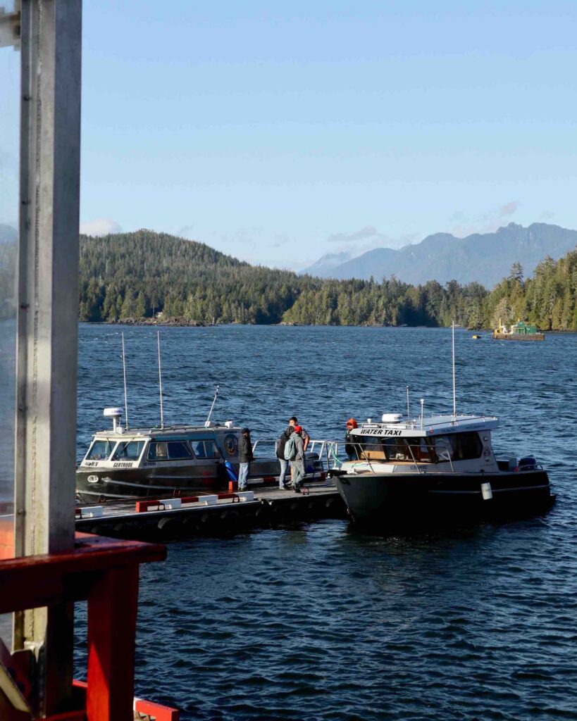 Water taxi in Tofino harbour British Columbia on a spring day