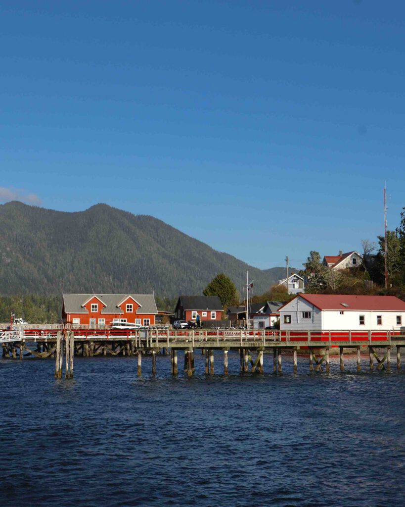 Tofino waterfront marina with mountains in the background British Columbia
