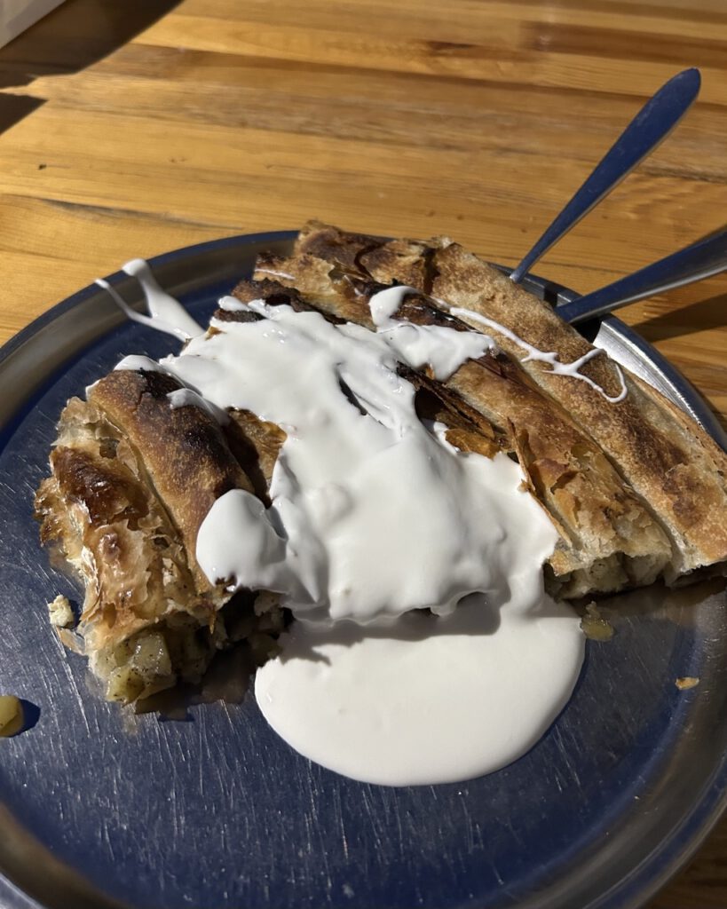 Traditional Bosnian burek served with yogurt