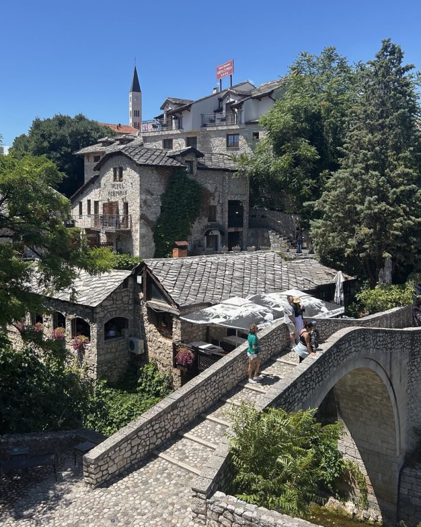 View of Mostar Old Town with arched stone bridge