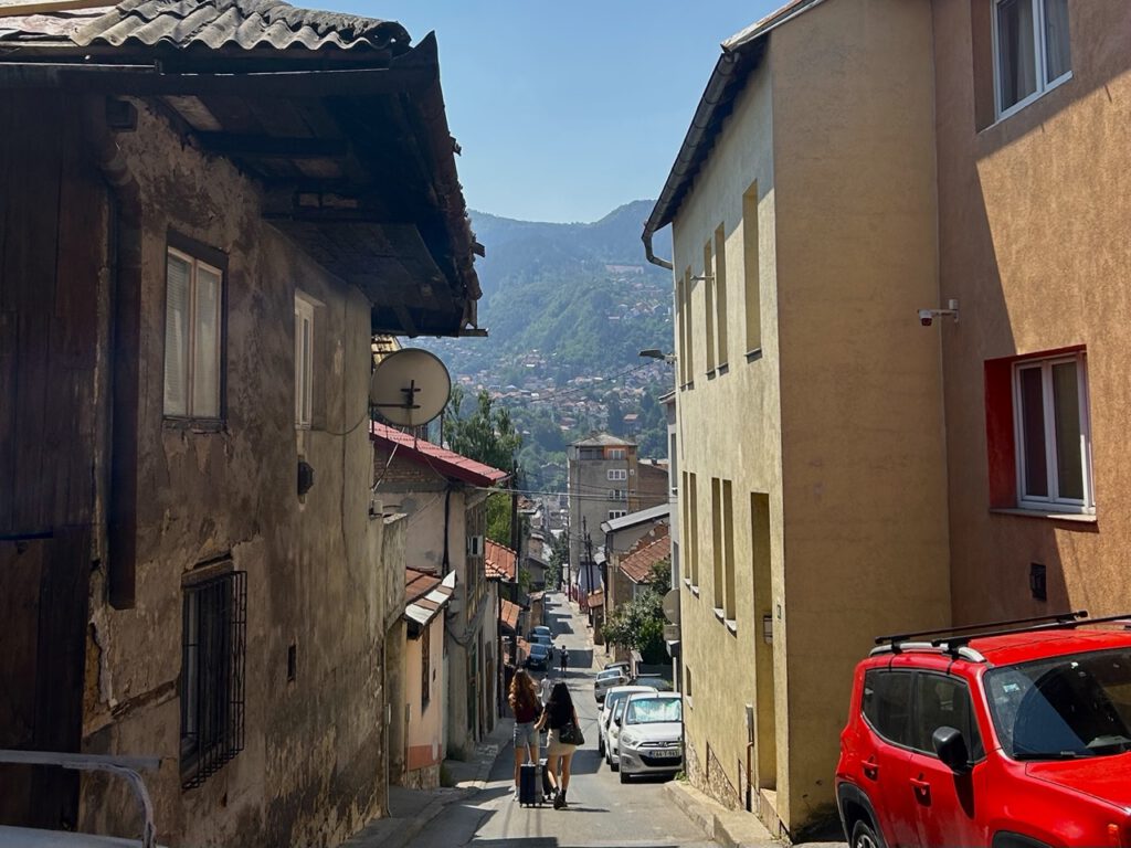 Narrow street walking to Sarajevo's historic centre