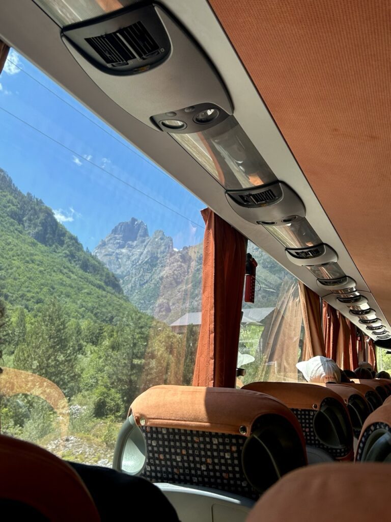View from a shuttle bus travelling through the Albanian Alps
